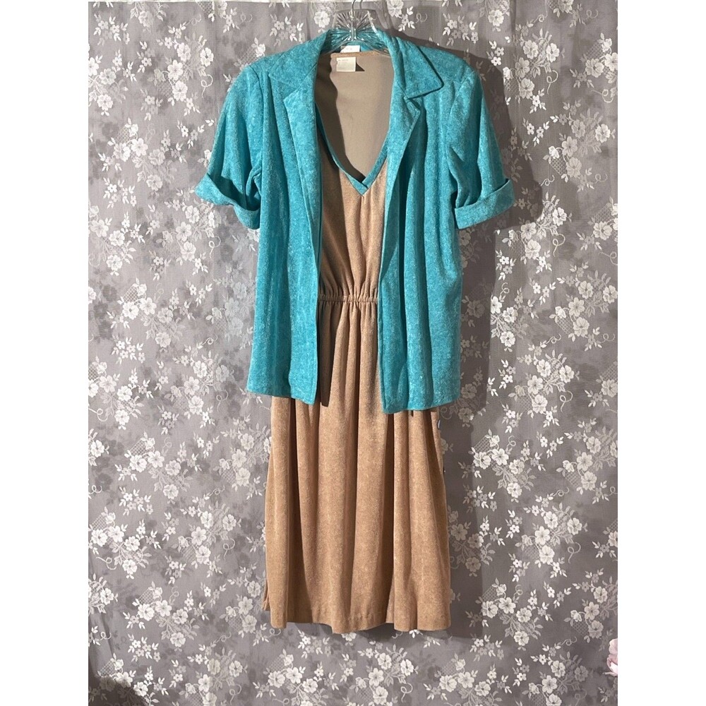 Vintage 70s Dress & Jacket Size Medium 1970s Retro Casual Light Academia Aqua